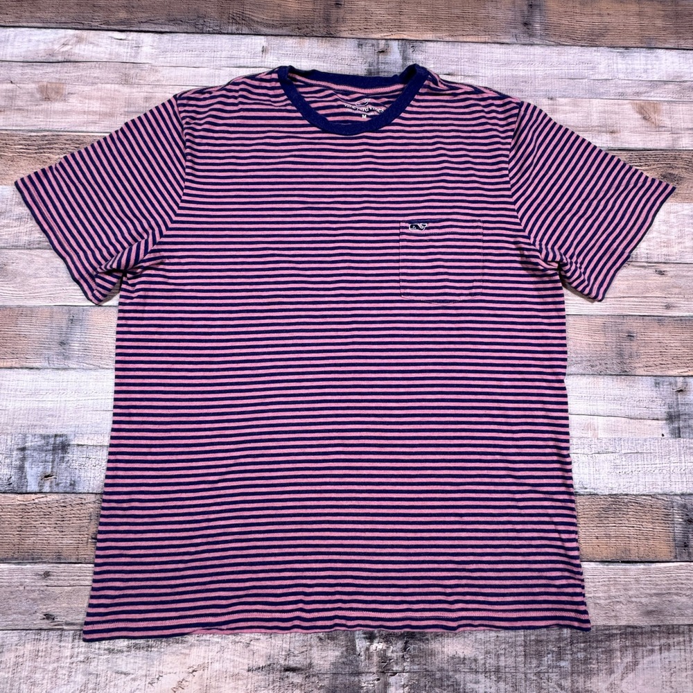 Vineyard Vines Men's T-Shirt Striped Pocket Pink Blue Medium‎ Pima Cotton Whale